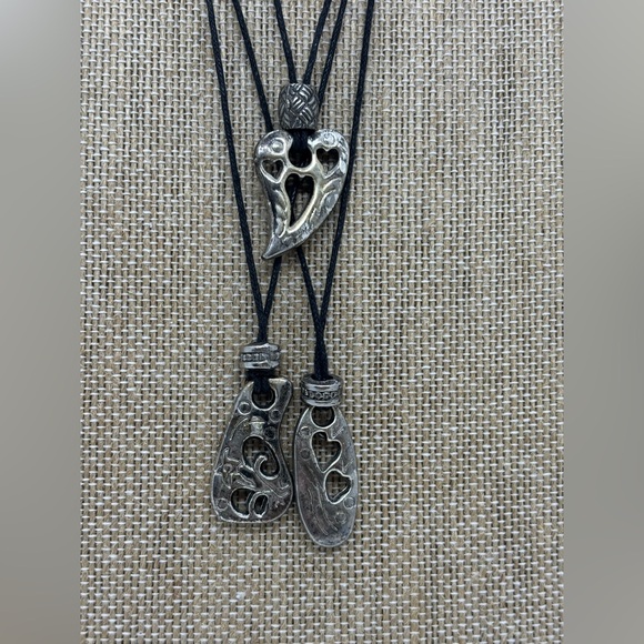 Vintage Multi Strand Cord Necklace - Black Silver Heart Drop - Picture 3 of 7